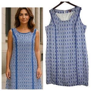 Jessica London Shift Dress Sz 20 2X LINEN Blend Blue White Slvlss. Coastal Chic